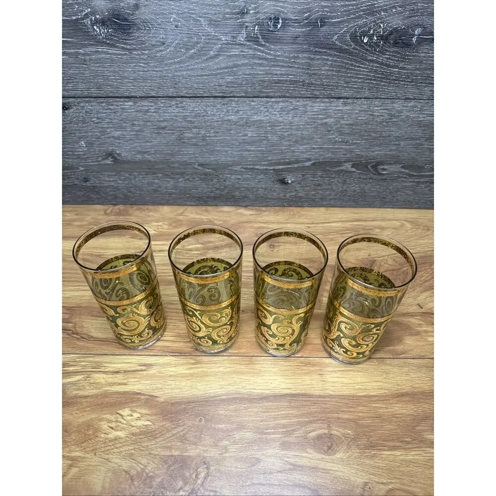 MCM Vintage Culver Toledo Green/22k Gold Highball Tumbler Glasses~4 Pc Set